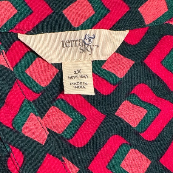 Rose & Teal Geometric Rayon Long Sleeve Shirt Dress With Pockets All Seasons~ 1X - Picture 6 of 10